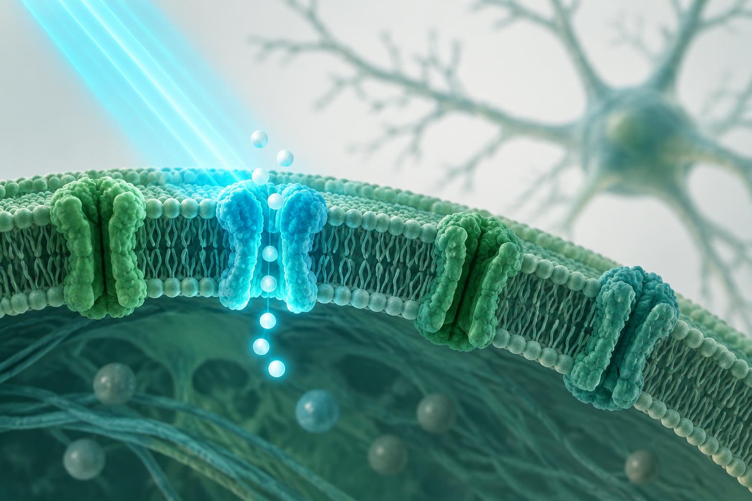 Conceptual cell membrane illustration showing light reaching a channel protein and ions passing through it